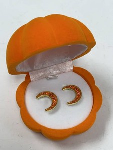 Crescent Moon Rhinestone Stud Earrings Orange Pumpkin Jewelry Box Set