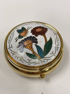 Gold Tone Enamel Floral Butterfly Pill Box Compact Mirror 3 Section
