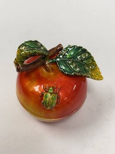Jeweled Apple Trinket Box Enameled Metal Hinged Keepsake Decor
