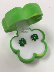 Green Enamel Four Leaf Clover Stud Earrings with Flower Gift Box