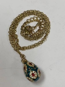Unmarked Faberge Style Egg Pendant Necklace Gold Tone Enamel Rhinestones