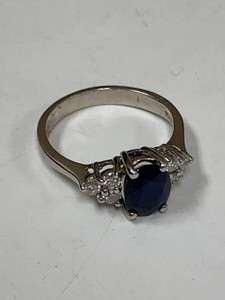 14K White Gold Sapphire Diamond Ring Size 9.5 Oval Cluster Setting
