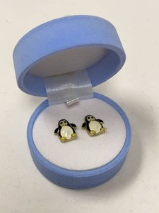Penguin Enamel Stud Earrings Gold Tone Novelty Pair w Gift Box