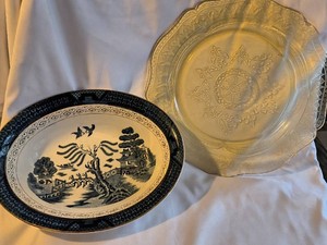 Vintage Yellow Depression & Blue Willow Phoenix - 2 Plates