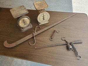 Lot of Antique Hanging Balance ScalesTable top Scales
