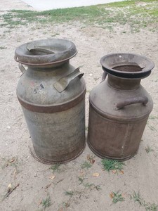 2 Solid Milk Cans one Embossed with Cream City Both with Lids
