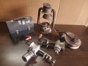 Lot of Vintage Items Barn Pully, Meat Grinders, Lunch Box and More