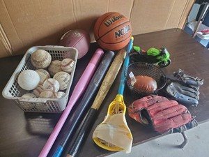 Group of Sports Equiptment Balls, Bats, Gloves and more