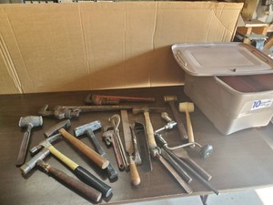 Large Lot of Different Hammers and Tools with Tote