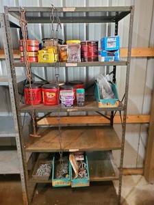 1 -- 6 Tall Metal Shelves with various Screws Nails and other Hardware