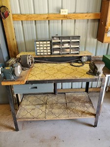 Metal Work Bench with Working Grinder, Mounted Powr Craft - Vice, and Cubbies