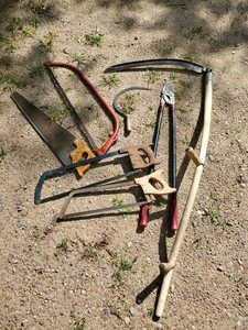 Lot of Hand Saws, Sycle, Scythe, and more