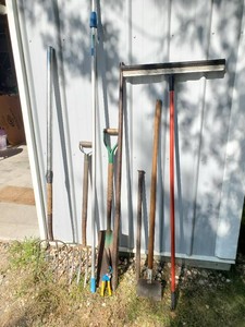 Large Lot of Yard Tools Pitchforks Shovles and More