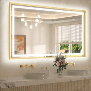 $387 Brushed Gold Wall-Mount Mirror, Dimmable