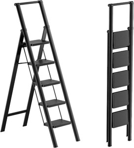 5 Step Ladder, Foldable, Black, 300 lb