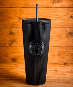 Starbucks 24oz Black Metallic Ribbed Tumbler with Lid and Straw - Brand New