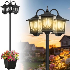 3-Head Solar Lamp Post with Planter, 74 Solar Lamp Post Light  Garden Decor, 2 Extra Bulbs, 3000K Warm Ambiance, IP44 Water-Resistant, Aluminum Pole & Base, Solar Light Posts for Outside