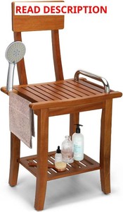 Teak Shower Chair with Handles and Backrest, 18.7 Teak Shower Bench  with Non-Slip Feet, Storage Shelf, Waterproof for Seniors, Adults, Disabled, Pregnant