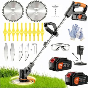 Weed Wacker Battery Operated 21V 2000mAh, 3-in-1 Weedeaters Cordless Brush Cutter Edger Lawn String Trimmer, with 4 Types Blades, 1 Charger 2 Battery (New Black) (red)