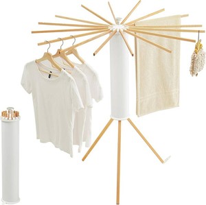 JOOM Clothes Drying Rack, Clothing Stand, Foldable Laundry Drying Rack  Portable clothes rack with wooden rods, plastic cylinder and tripod base for apartments, balconies, RVs, camping and travel.
