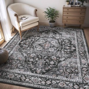 AMOAMI-4X6 Area Rugs for Living Room -Soft Vintage Bedroom Rug-Non Slip Washable Rug-Throw Rugs for Living Room Bedroom Bedside Dining Room Office Dark Grey & Black