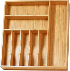 Large Kitchen Drawer Organizer, 19x19 Silverware Utensils Organizer, 2.5 High for Large Deep Drawers, Bamboo Flatware Holder with Thick Frames, Sturdy Kitchen Organization Tray
