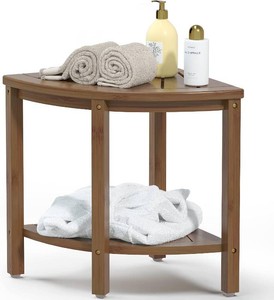 Bamfan Bamboo Corner Shower Bench Waterproof Stool with Space-Efficient Storage Shelf - Shower Stool Seat for Indoor or Outdoor Use(Walnut)