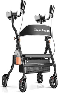 $180 BlessReach Heavy Duty Upright Rollator Walker for Seniors with Seat, Black  450lb Capacity, 8 All-Terrain Wheels, 6 Height Adjustments, Padded Seat & Backrest, Easy Assembly, Foldable Design