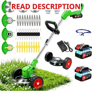 Electric Weed Wacker Battery Powered Weed Eater, 21V Cordless String Trimmer Battery Operated with Wheels & Metal Blades, Lightweight 4 in 1 Grass TrimmerBrush CutterLawn EdgerMower for Garden Yard