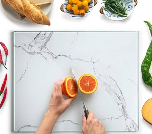 Glass Cutting Board 20x16 Tempered Glass Kitchen Counter Protector - Durable- Scratch-Resistant, Heat-Proof - Design 2 - White Marble Effect