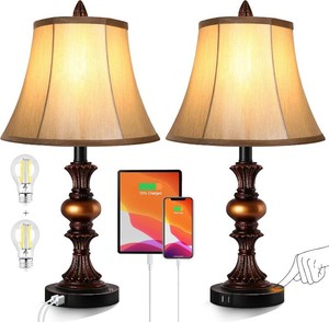 Touch Control Traditional Table Lamp Set of 2, Vintage Bedside Lamps with Dual USB Charging Ports, 3-Way Dimmable Bronze Finish Desk Lamps with Bell Shape Faux Silk Shade for Living Room, Bedroom