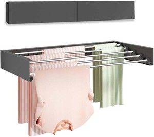 Vikaqi Wall Mounted Clothes Drying Rack 32, Foldable Wall Mount Laundry Rack Folding Indoor, Drying Rack Clothing Collapsible, Hidden Space Saver with Wall Template, 5 Rods, Black