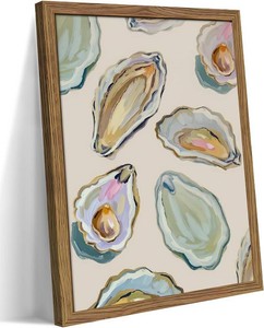 Framed Oyster Shell Canvas Wall Art, Colorful Abstract Wall Art Print, Coastal Beach House Wall Decor, Summer Dining Room Picture Poster, Modern Kitchen Oyster Oil Painting Artwork 16x24 inch
