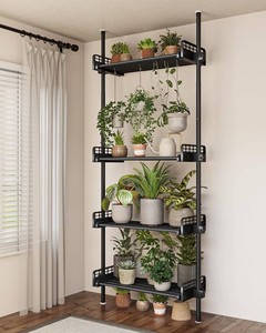 $120 Bamworld Tension Rod Plant Stand Adjustable Hanging Plant Shelf Indoor  Tall Stand Floor to Ceiling Pole for Living Room Bedroom Flower Holder For Multiple Plant Pots Display Black New Version