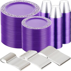 $130 Purple 600 Pcs Plastic Plate Dinnerware Set for 100 Guests Including Silver Rimmed Plates, Salad Plates, Silverware Set and Plastic Cups for Party Wedding Birthday