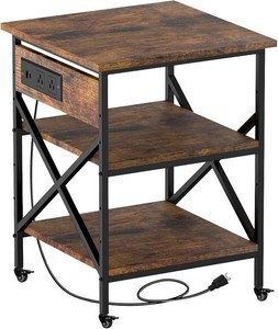 Rustic Brown 3 Tier Large Mobile Printer Stand  Built in power outlet adjustable storage shelves industrial rolling casters size 23.6 x 23.6x 30 inches home office storage