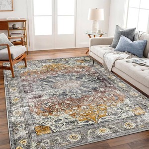 CHAMPLANT Area Rug 8x10 Washable Rug Taupe Vintage Traditional Mat Distressed Indoor Foldable Thin Retro Accent Rug Floral Print Non Slip Carpet Living Room Dining Room Office