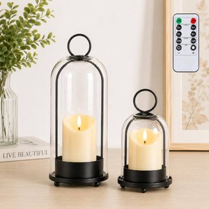 Hurricane Metal Candle Holder Set of 2, 12 & 7.5, with Handcrafted Glass Dome for Pillar Candle, Plants & 2 Timer Candles for Indoor Outdoor Decor Decorative Table Centerpiece (Black, Set of 2)