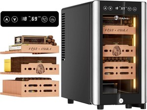 $220 LIHTUN 25L Electric Humidor Cabinet for 150 Cigars, Thermoelectric Cooling, Adjustable Temperature and Humidity, Digital Display, 3 Removable Cedar Shelves, Safety Lock, Gift for Men (25L)