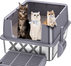 Stainless Steel Litter Box , 28L20W12H XXL Extra Large Litter Boxes with lid ,Metal Litter Box with Hight Sides for Big Cats& Multiple Cats,Never Absorbs Odors, Anti-Urine Leakage, Easy Cleaning