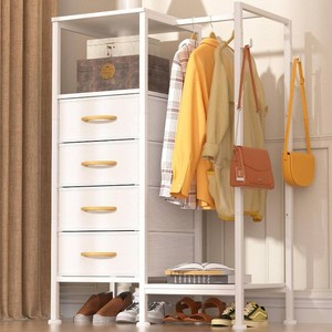 Dresser for Bedroom with Clothes Hanging Rack, Reversible Bedroom Dresser with 4 Fabric Drawers, 2-in-1 Storage Chest of Drawers with Storage Shelves & Hooks, Sturdy Frame, 44H (White)