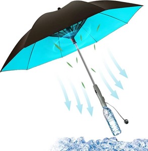 3 in 1 Umbrella with Fan and Mist Spray, 2-Speed Rechargeable Cooling Umbrella with Built-in Fan Mister, Includes Custom Water Bottle, Portable Misting Sun Shade for Theme Park, Beach (Blue)