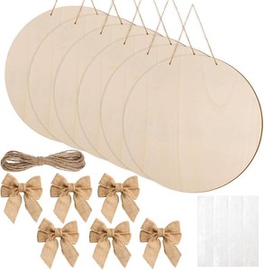 6 Pcs 16 Inch Wood Circles for Crafts Unfinished Round Wooden Discs Blank Wood Rounds Slices Round Wooden Door Hanger Signs with Bows, Twine and Glue Points for DIY Craft Holiday Decor,5 mm Thick