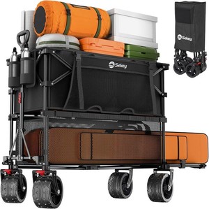 $128 Sekey 500LBS Heavy Duty Double Decker Wagon with Extender, 400L Large Capacity Collapsible Garden Cart Fits 10x10 Canopy, All-Terrain Big Wheels with Brakes, Foldable Utility Wagon for Sports, Camping