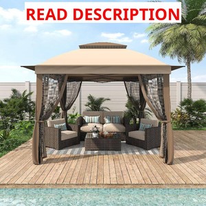 $130 11 x 11 Pop Up Gazebo with Mosquito Netting, Outdoor Patio Canopy Tent  4 Sidewalls, Metal Frame, with Portable Carry Bag, UPF 50 Heavy Duty Double Roof Pop up Canopy for Backyard, Patio, Beige