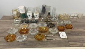 Lot of Collectibles - Ashtrays - Bottle Openers (Hamms, Schmidt, Fitgers), Oil Lamp, BN Railroad Cups, Schmidt Beer Glass and More
