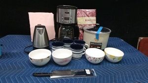coffee pots, food steamerrice cooker, new sheets, new table cloth, bowls, cups , new knife