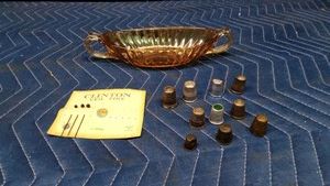 Carnival glass dish, vintage thimbles and vintage veil pins