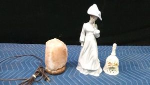 porcelain lady figurine, rock lamp and a ceramic bell