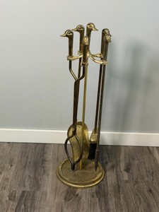 vintage brass mallard duck head fireplace tool set